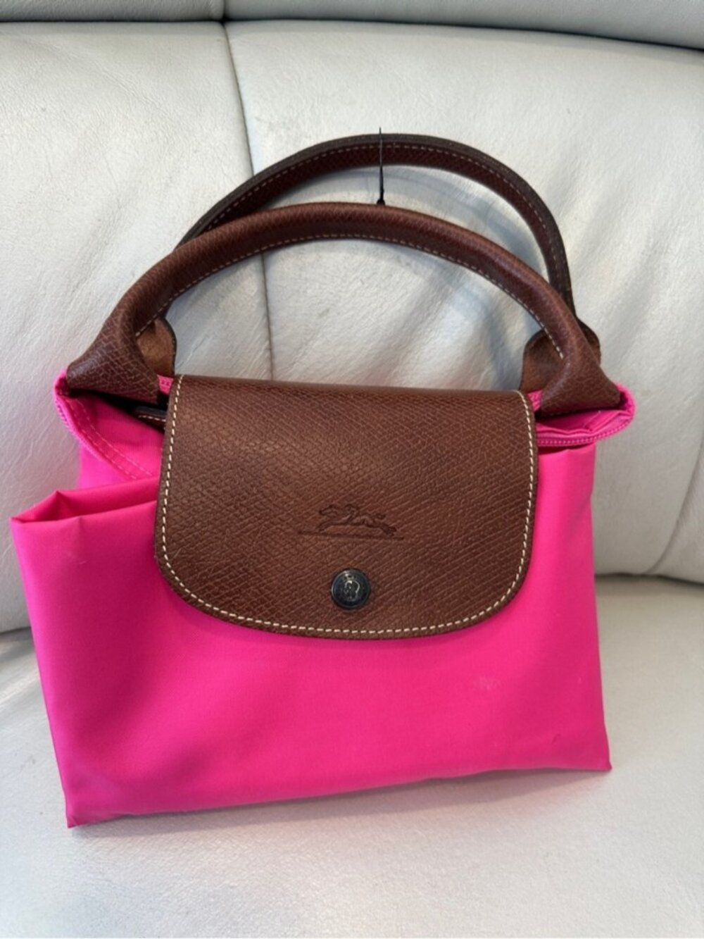 Longchamp Small Hot Pink Nylon Mini Tote with Brown Leather Trim
